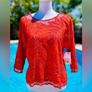 NWT Vintage Faith Celia Forrester Leaves Hand Beaded Tropical Top Blouse L